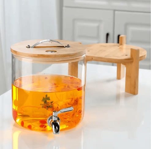 Glass Drink Jar with Wooden Stand and Tap Beverage Dispenser for Home